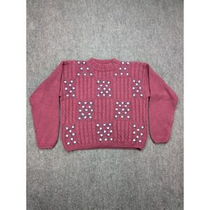 Paris Sport Club Hand Knit Sweater Large Cable‎ Embroidery Roses Cottage Chunky